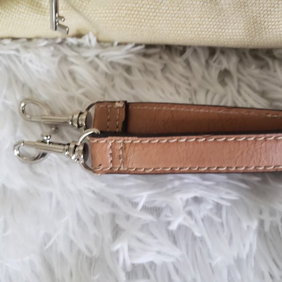 Fossil Womens Satchel Brown Fabric & Leather Braid Handles Key Charm Modern Vtg - Picture 9 of 16